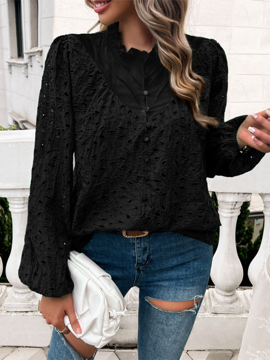 Women's hollow puff sleeve embroidered top