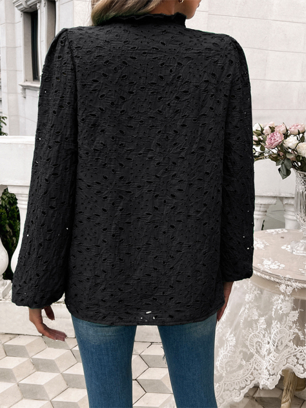 Women's hollow puff sleeve embroidered top