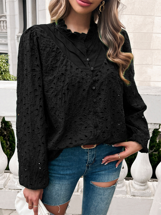 Women's hollow puff sleeve embroidered top