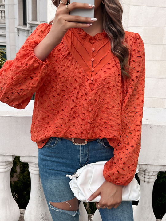 Women's hollow puff sleeve embroidered top