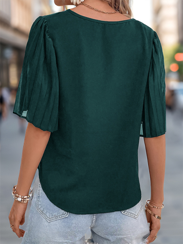 Women's solid color pleated short sleeve shirt