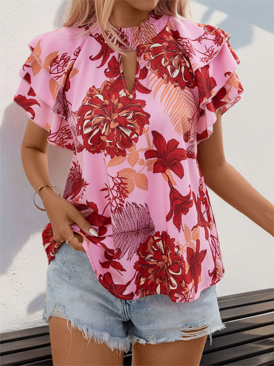 Women's ruffled sleeve printed shirt