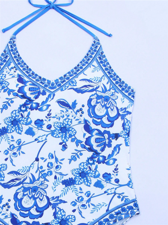 New women's one-piece blue and white porcelain print slim fit swimsuit