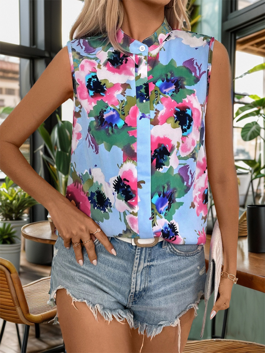 Women's Stand Collar Printed Sleeveless Shirt