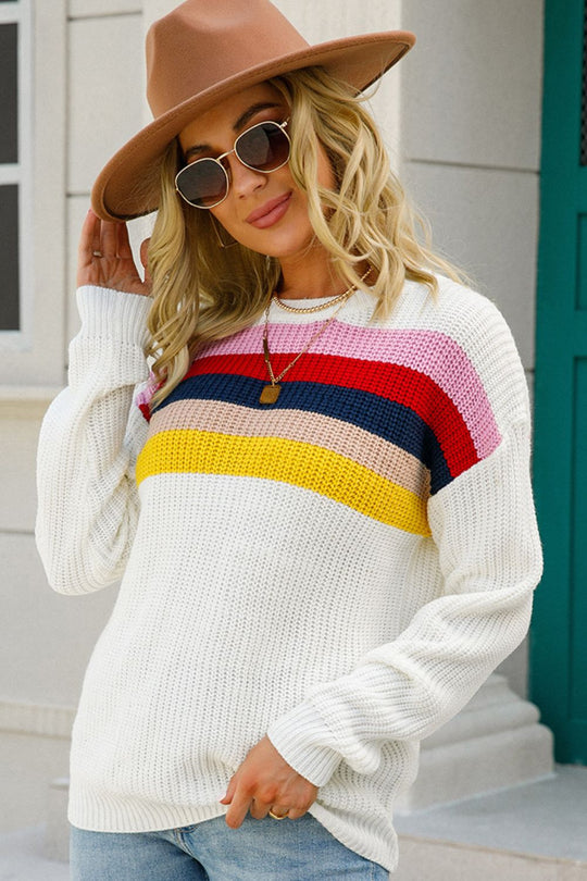 Striped Round Neck Rib-Knit Dropped Shoulder Sweater