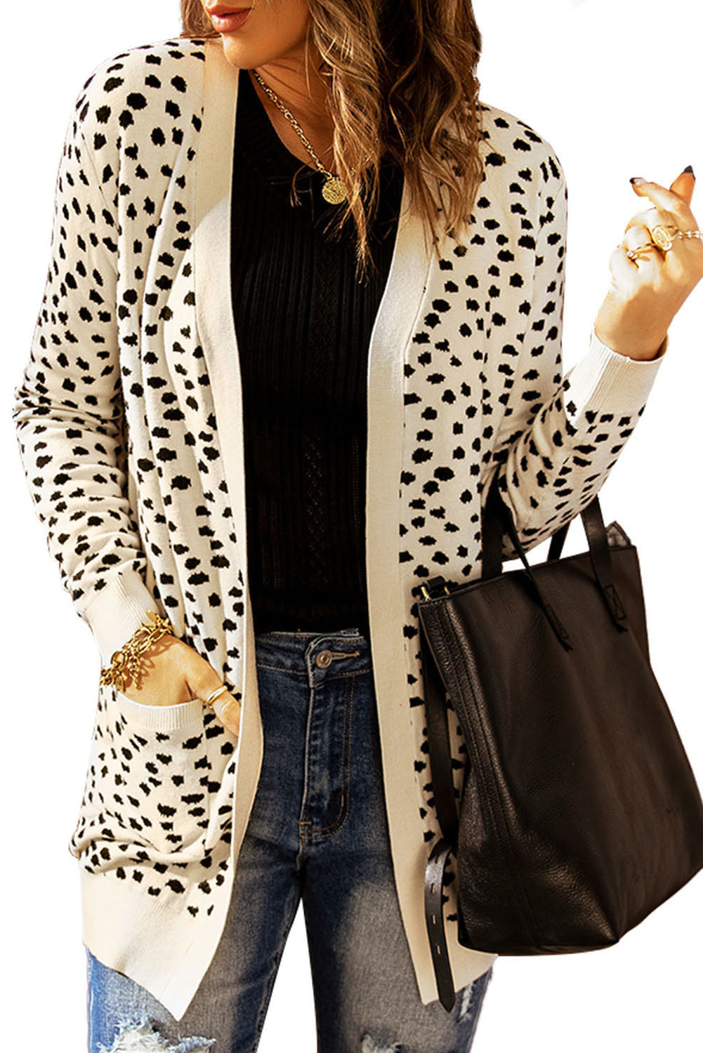 Apricot Dotted Print Open Front Knit Cardigan