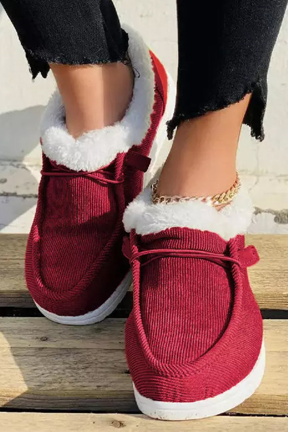 Fiery Red Lace Up Corduroy Fur Lined Slips On Shoes