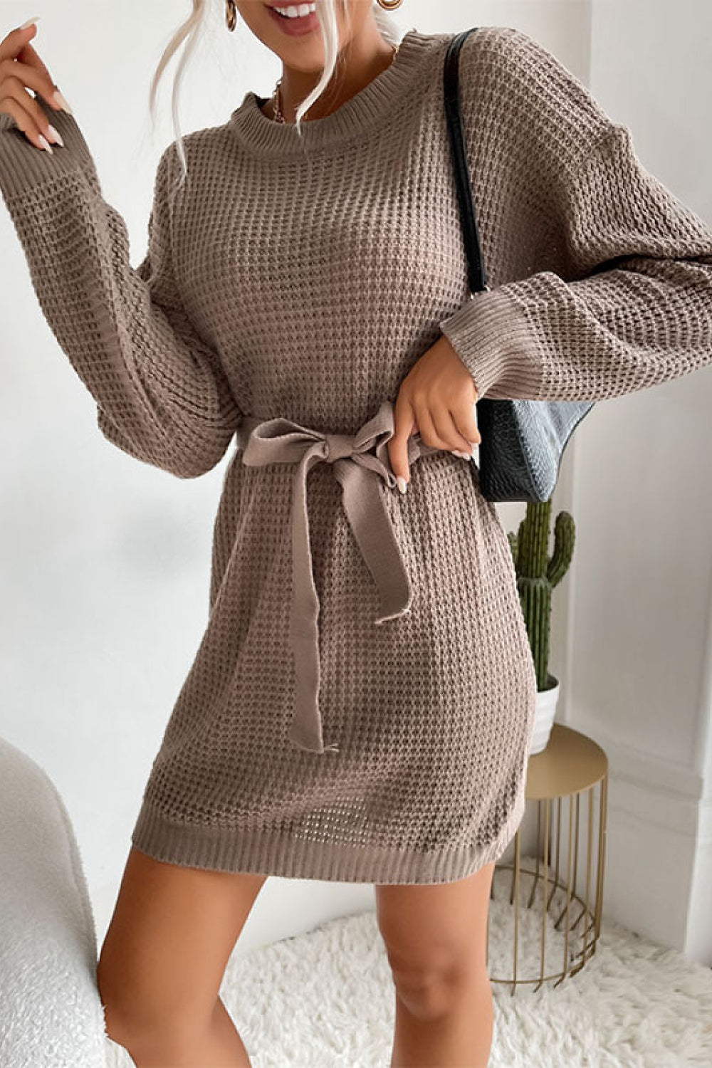 Tie Waist Waffle Knit Sweater Dress