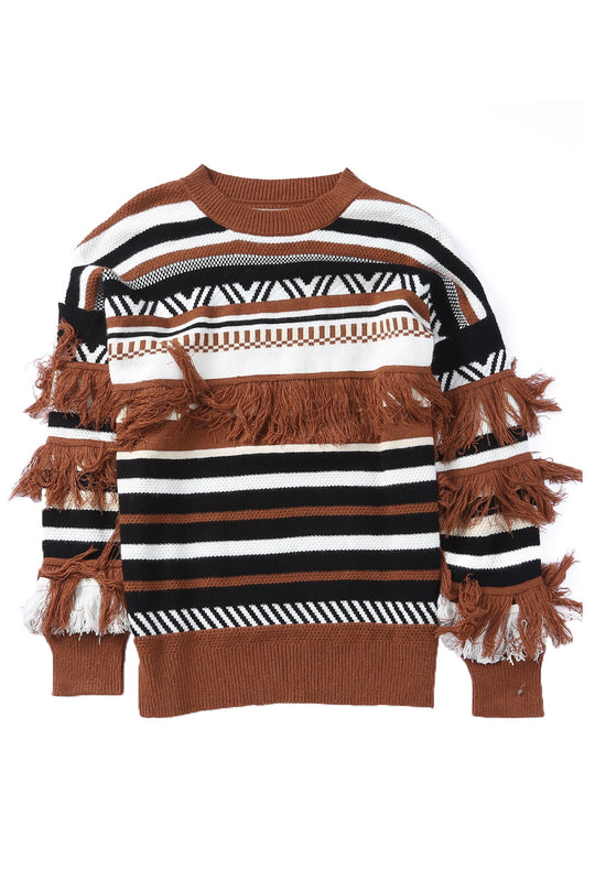 Striped  Fringe Trim Round Neck Sweater