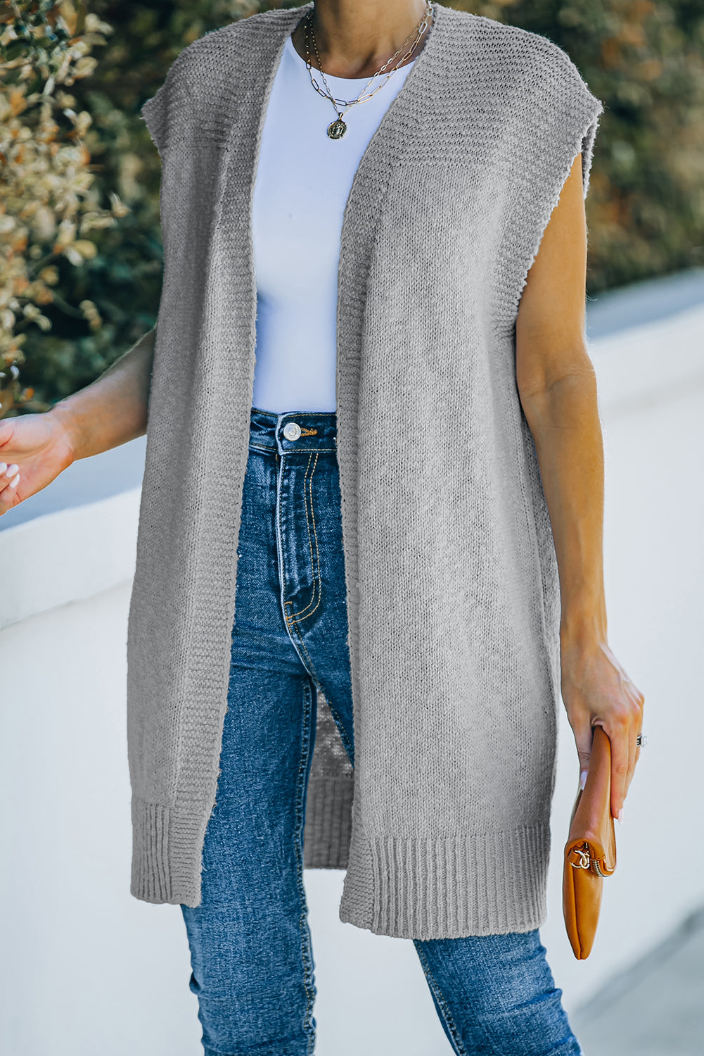 Ribbed Trim Open Front Sleeveless Cardigan