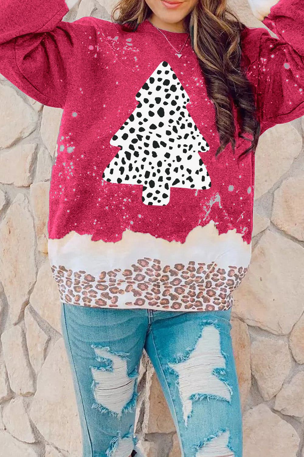 Red Leopard Christmas Tree Print Loose Fit Graphic Sweatshirt