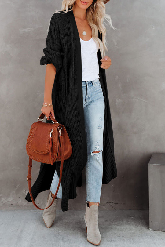 Black Cable Knit Side Slits Open Front Duster Cardigan