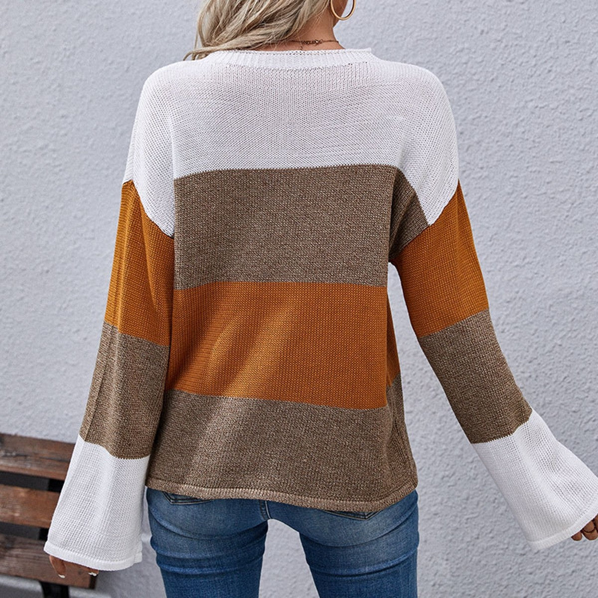 Color Block Tricolor Round Neck Sweater