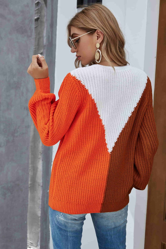Color Block Rib-Knit Round Neck Knit Pullover
