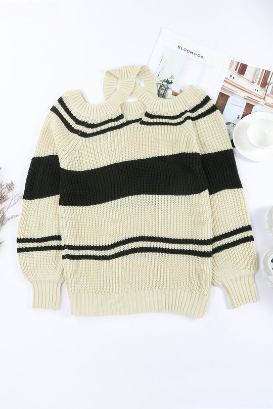 Striped Rib-Knit Cold-Shoulder Sweater