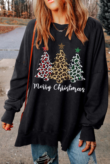 Black Merry Christmas Leopard Trees Graphic Sweatshirt