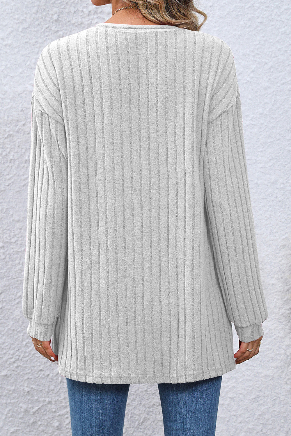 Gray Ribbed Knit Open Front Drop Sleeve Cardigan