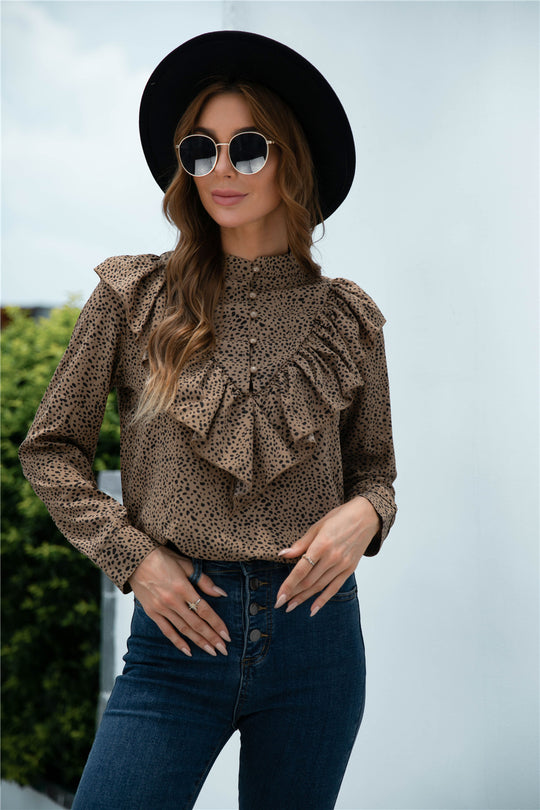 Animal Print Buttoned Ruffled Long Sleeve Blouse