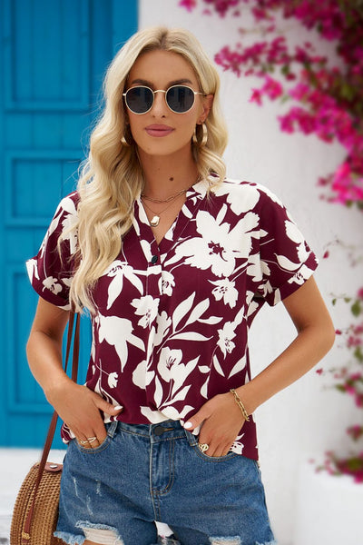 Floral Notched Neck Cuffed Blouse