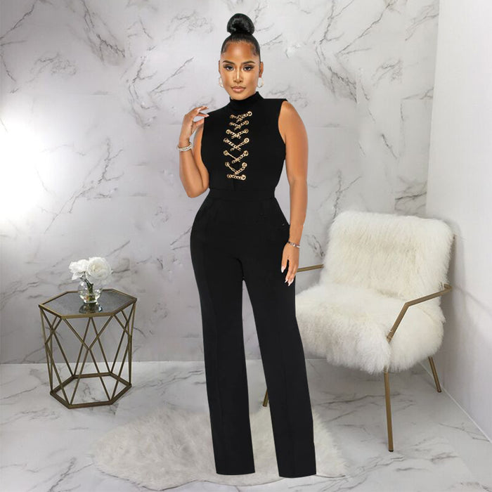 Women Clothing Sexy Solid Color Sleeveless Stand Collar round Neck One-Piece Wide-Leg Jumpsuit