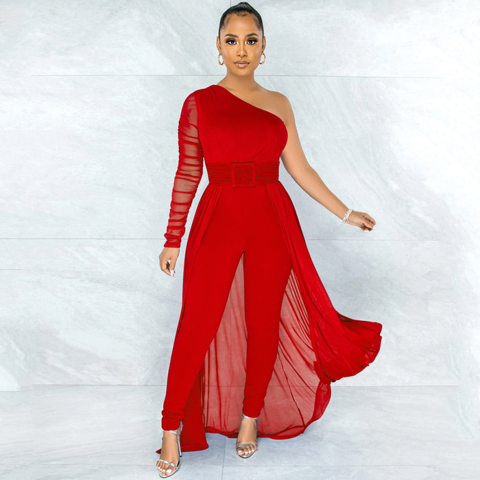 Solid Color Sexy Mesh See-through One Shoulder Diagonal Collar Long Sleeve Trousers Jumpsuit Women