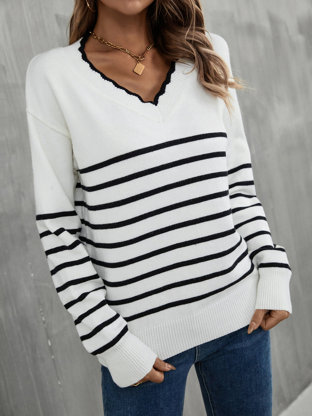 Autumn Winter  Pullover Bottoming  V neck Striped  Women Sweater