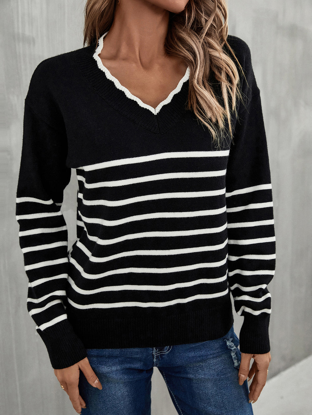 Autumn Winter  Pullover Bottoming  V neck Striped  Women Sweater