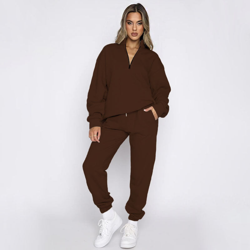 Autumn Winter Solid Color Stand Collar Zipper Pullover Long Sleeve Sweater Two Piece Set Smart Trousers Suit