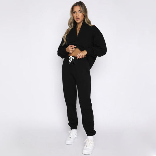 Autumn Winter Solid Color Stand Collar Zipper Pullover Long Sleeve Sweater Two Piece Set Smart Trousers Suit