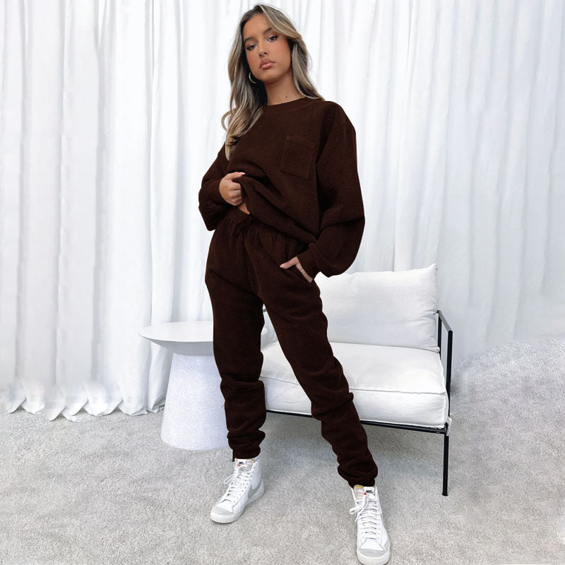 Autumn Winter Corduroy Solid Color round Neck Pullover Long Sleeve Two Piece Set Smart Trousers Suit Women