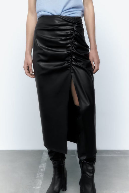 Women Clothing Minority Pleated Decorative Faux Leather Skirt