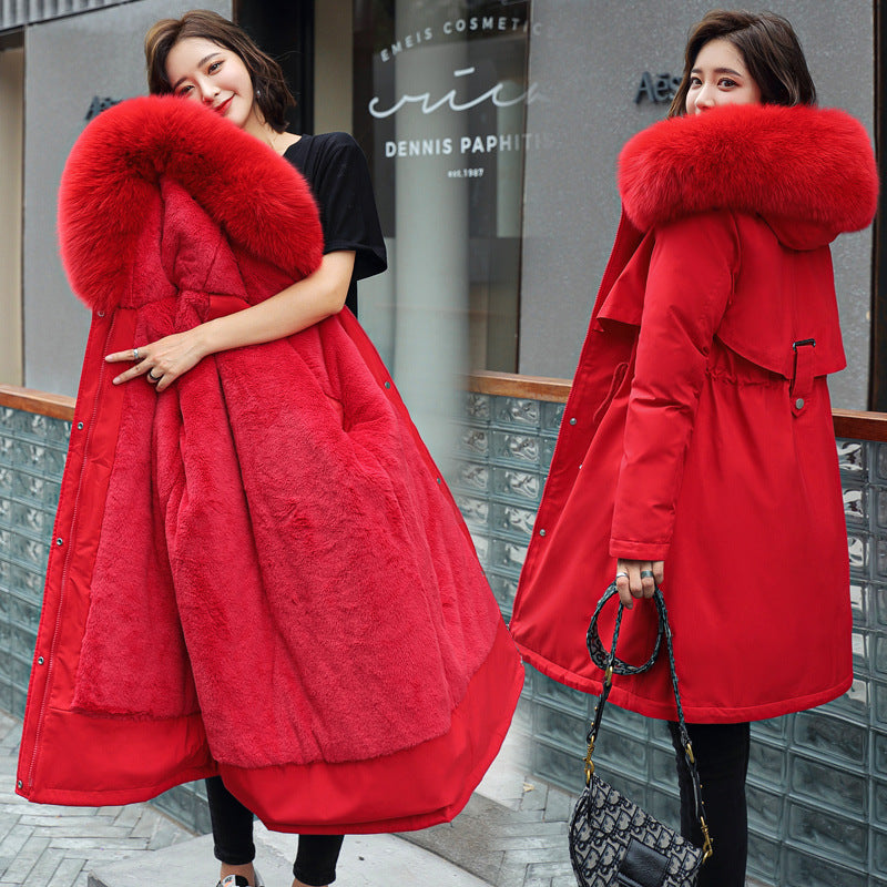 Winter Women Cotton Padded Clothing Mid Length Big Fur Collar Fleece-Lined Cotton Padded Jacket down Padded Jacket Cotton Padded Coat