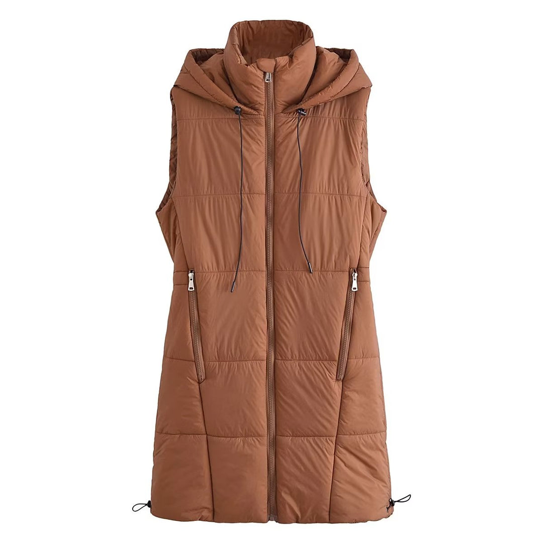 Autumn Hooded Long Vest Casual Simple Drawstring Slim Fit Cotton Padded Jacket Cotton Warm Jacket