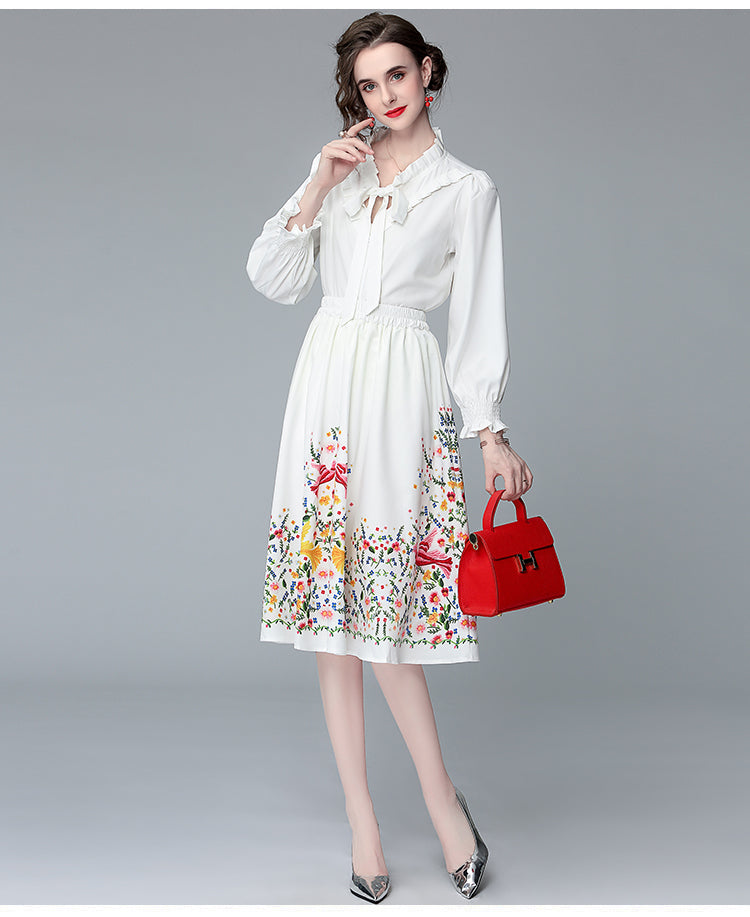Women Spring Fall Printed Long Sleeve Two Piece Set Dress