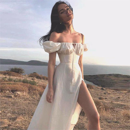 Summer Women Bubble Sleeve Solid Color Tied High Slit Maxi Dress Summer