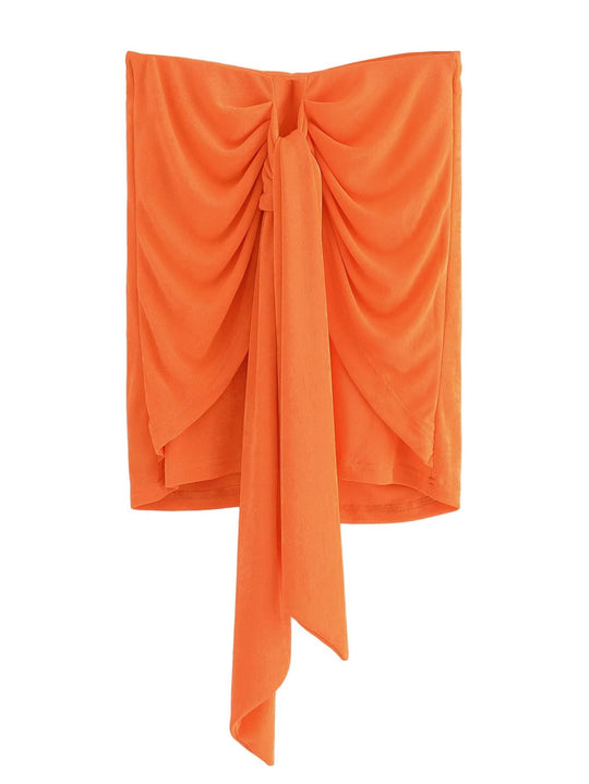Women Wear Orange Knitted High Waist Bow Tie Mini Skirt Wild Casual