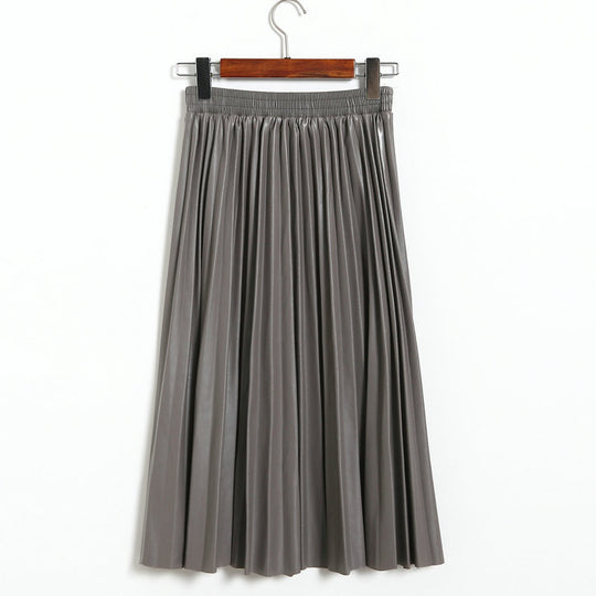 Autumn Winter Korean Fashionable Faux Leather Pleated Leather  Skirt High Waist Mid Length Pleated Umbrella Skirt