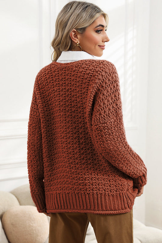 Red Sandalwood Button Front Chunky Knit Oversized Cardigan