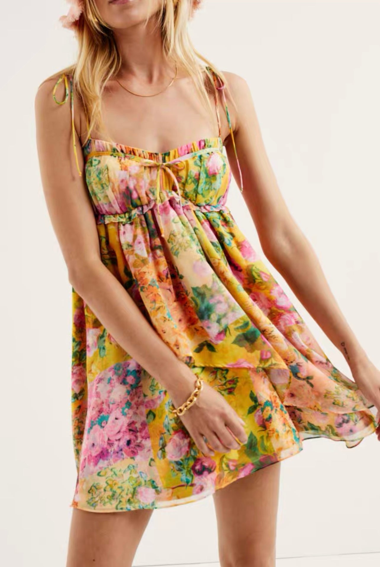 Early Spring Color Matching Floral Tie Neck Strap Dress Wooden Ear Dress