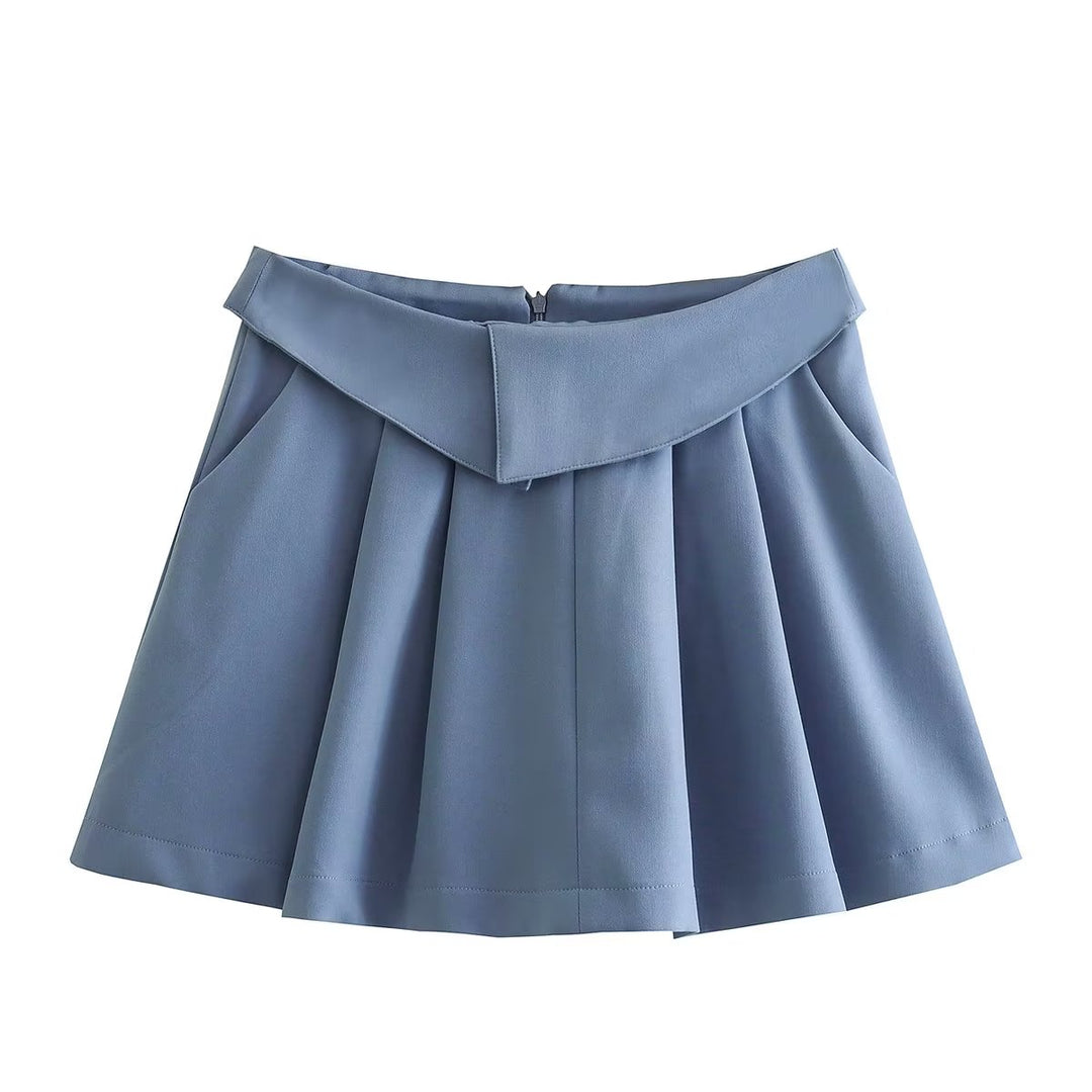 Four Color Turned Waist Wide Pleated Skirt Preppy Skirt