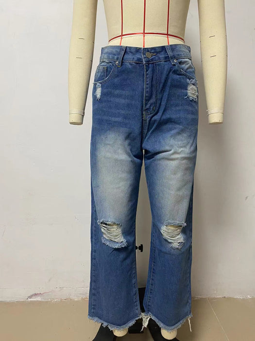 Spring Summer Casual Ordinary Water Washed Hole Raw Edge Denim Trousers
