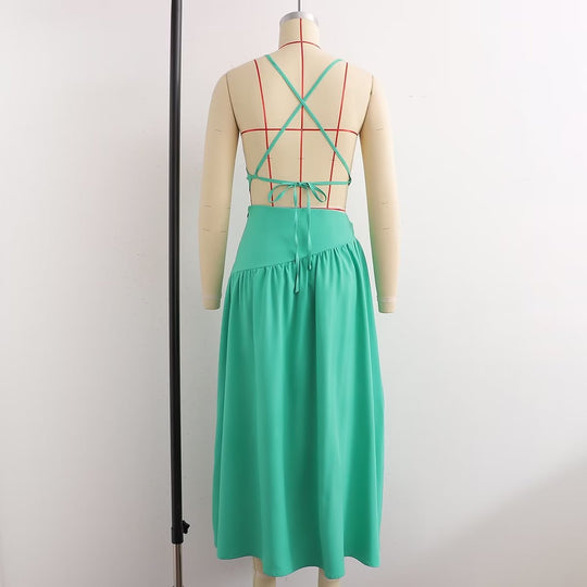 Summer Women Clothing High Waist Cutout out Mid Length Strap Dress Women