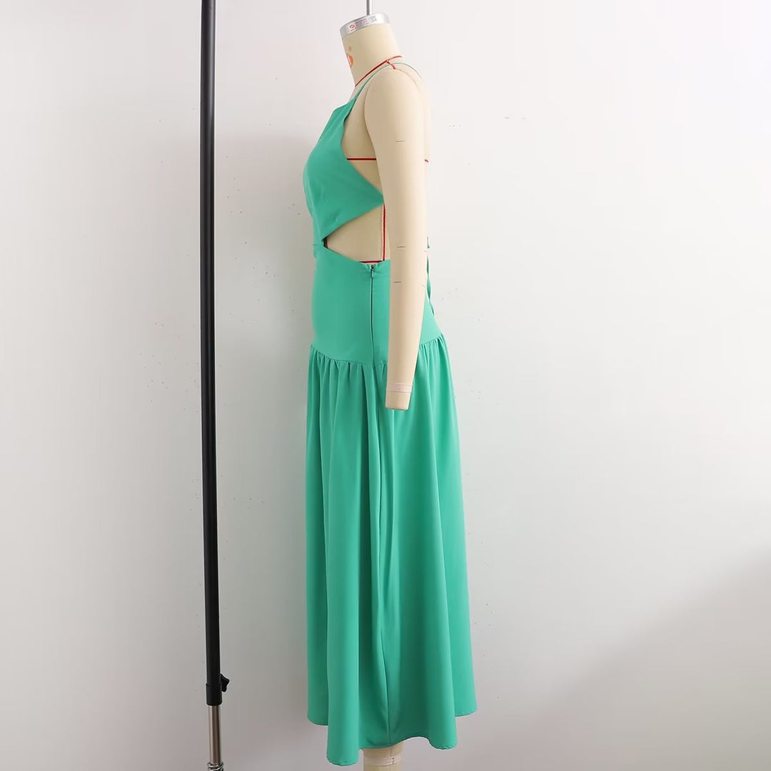 Summer Women Clothing High Waist Cutout out Mid Length Strap Dress Women