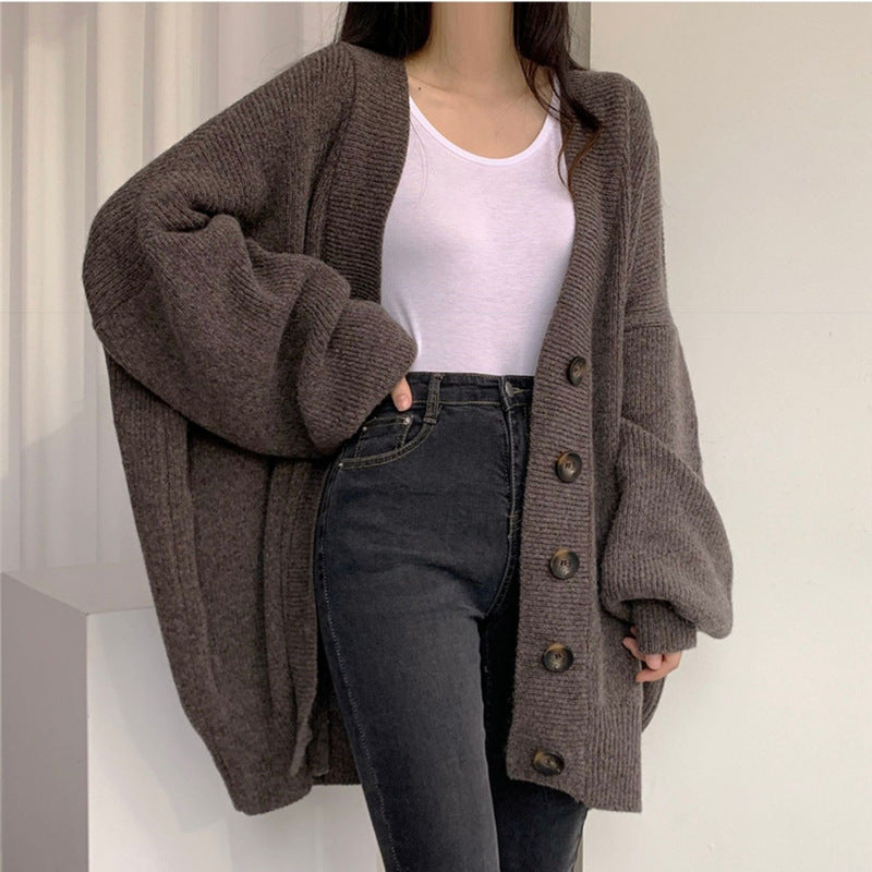 Autumn Women Clothing Sweater Coat Breasted Loose Lazy Long Lantern Sleeve Knitted Cardigan