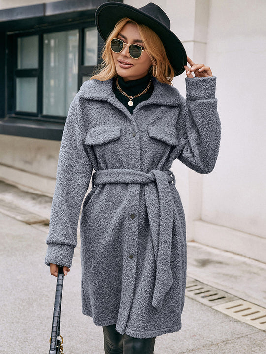 Mid Length Collared Belt Single Breasted Plush Trench Coat Jacket Long Sleeved Woolen Coat Women