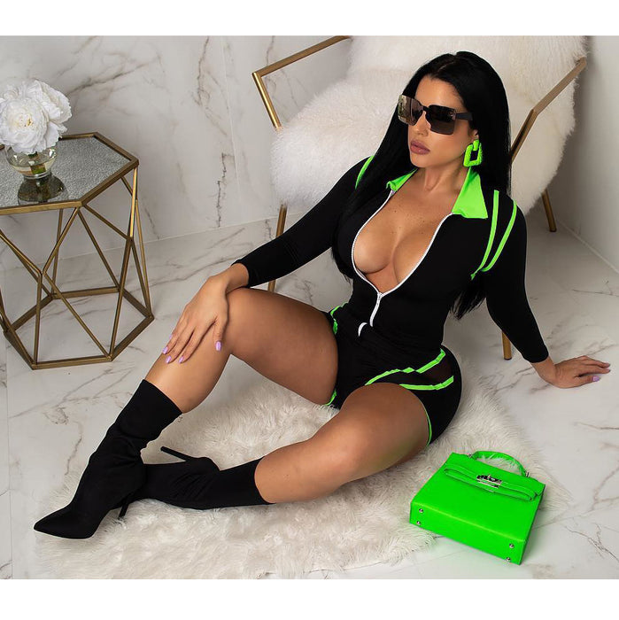 Women Clothing Fluorescent Color Stitching Mesh Sexy Slim Sports Romper