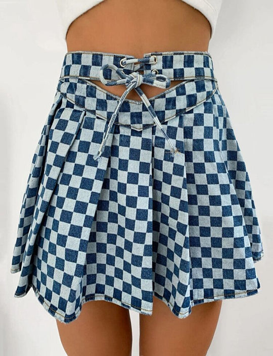 Women  Clothing Pleated Skirt Denim Skirt Hollow Out Cutout High Waist Tie Neck Plaid Printed Short Skirt