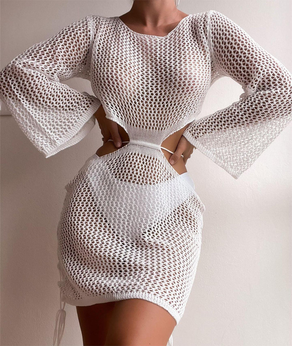 Sexy Hollow Out Cutout Out Beach Knitted Long Sleeved Bikini Casual Vacation Sun Protection Dress