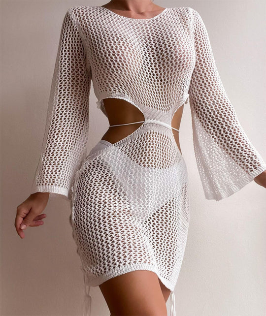 Sexy Hollow Out Cutout Out Beach Knitted Long Sleeved Bikini Casual Vacation Sun Protection Dress