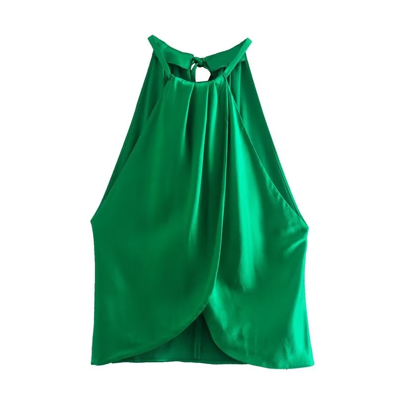 Early Autumn Women  Clothing Silk Satin Texture Hanging Collar Short Top Straight Leg Trousers Suit